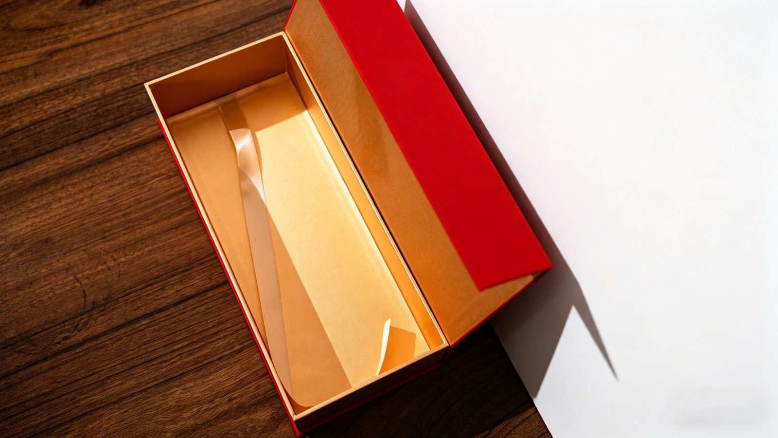 Open red custom MDF presentation box with fitted interior