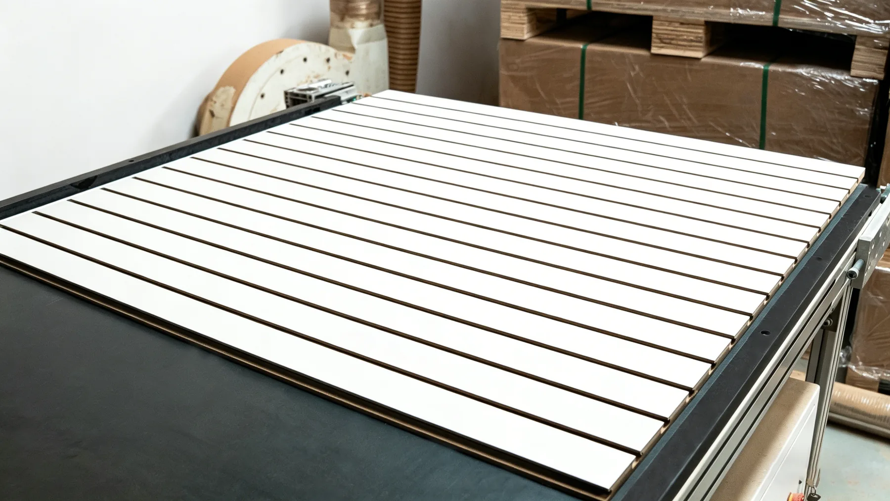 White slatwall panel with evenly machined horizontal grooves on production equipment