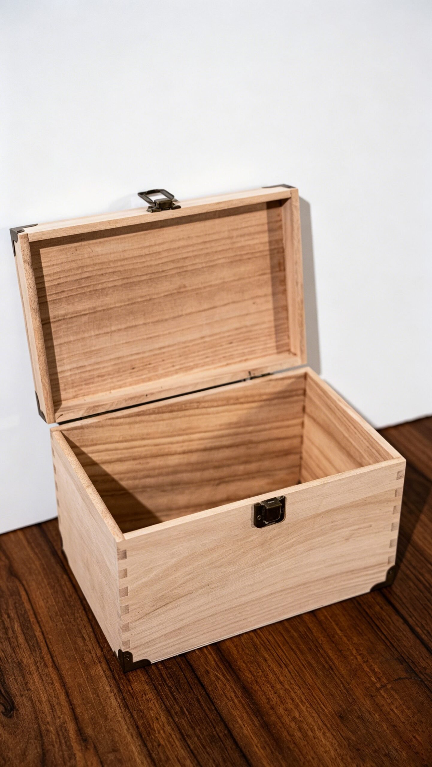 Open wooden-finish hinged packaging box sample